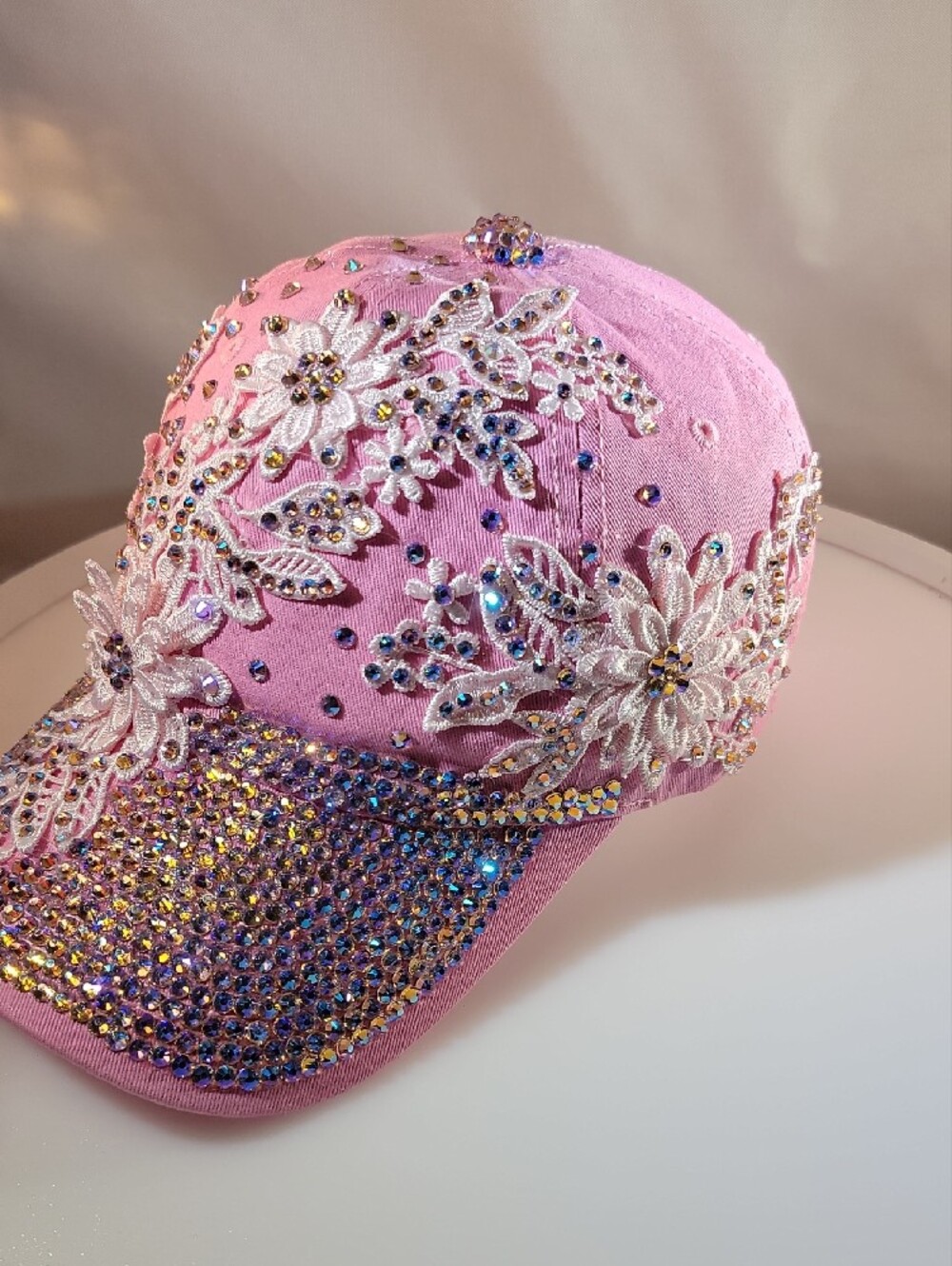 Bedazzled Pink Crystal Embellished Floral Baseball Cap - Picture 3 of 6